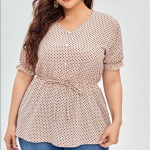 Plus Size Pink with Brown Polka Dot Peplum Style Blouse